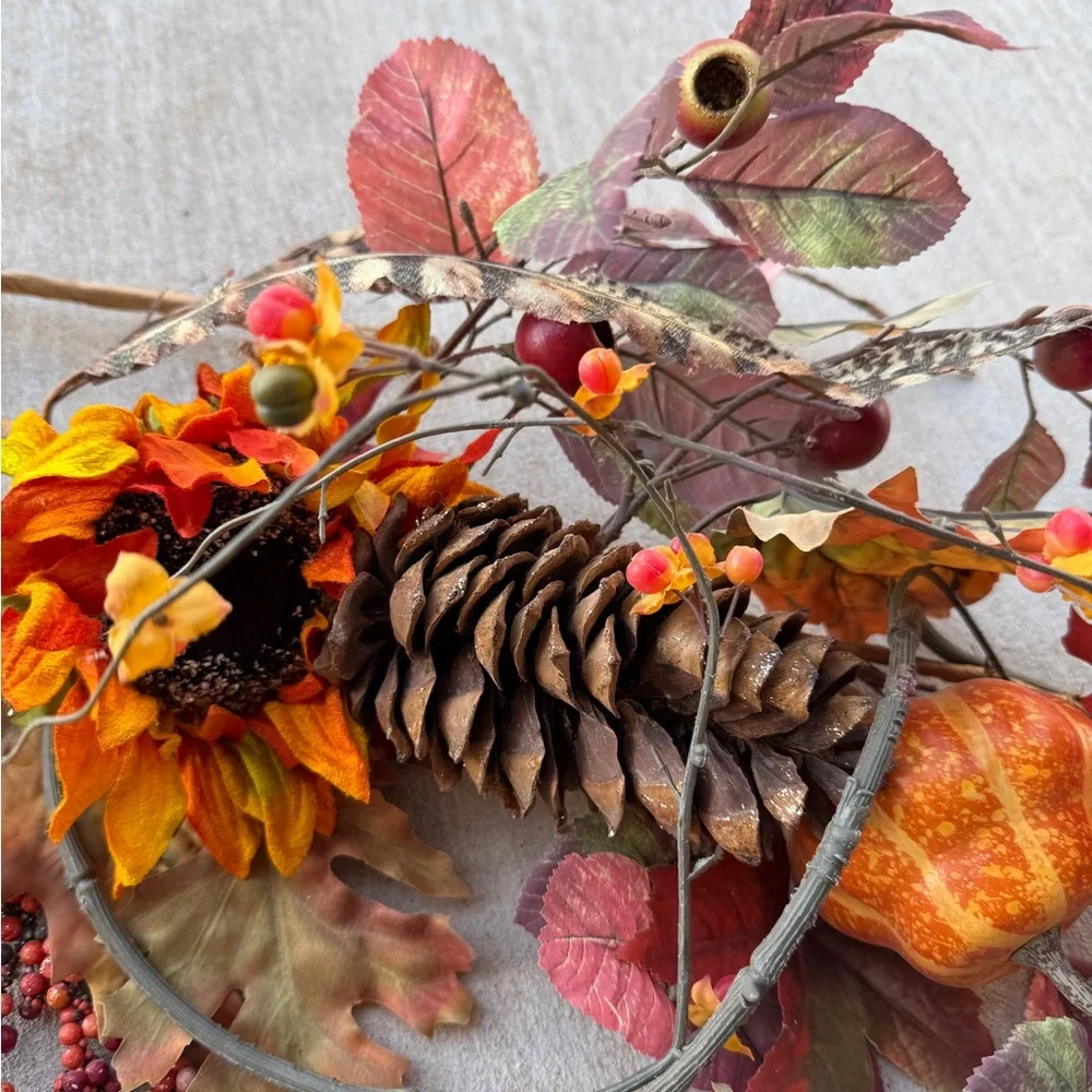 Two Autumn Harvest Pinecone Feather and Leaf Swags
